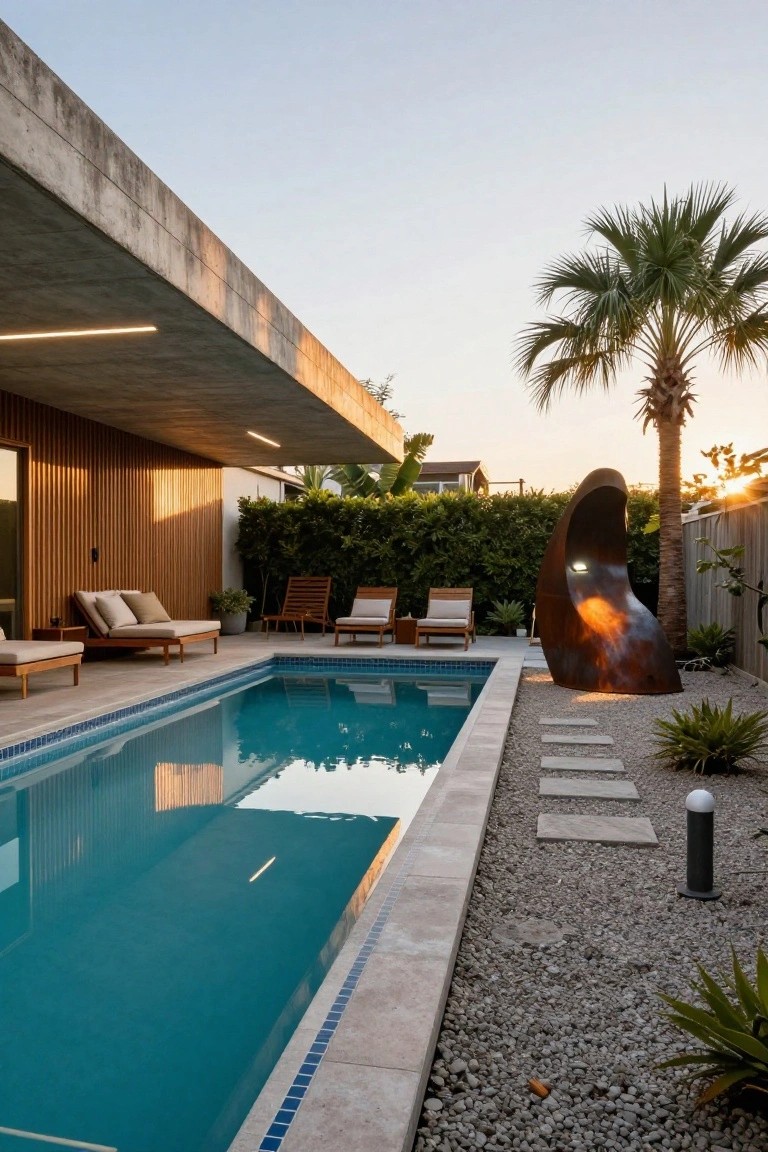 Modern backyard pool with blue tiles and travertine edging, wooden lounge chairs on a tiled deck, large curved metal sculpture with integrated light, gravel ground cover, palm tree, and concrete house with wood cladding under a cantilevered overhang at sunset.
