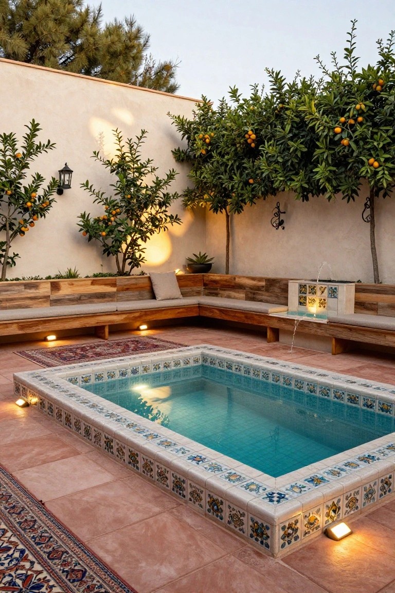 Small turquoise pool with ornate white tiled edges in a terracotta-paved outdoor courtyard, surrounded by wooden L-shaped benches, citrus trees, lanterns, a fountain, and low-level spotlights at dusk.