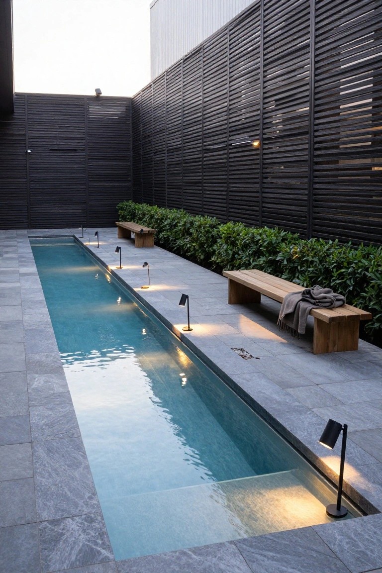 Narrow rectangular plunge pool in a courtyard with gray stone paving, black freestanding spot lamps along both edges illuminating the water, wooden benches with a blanket, green shrubs, and dark slatted wood fencing.