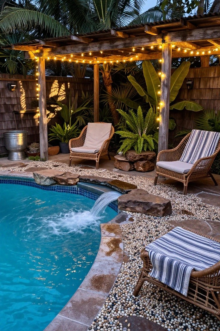 Wooden pergola strung with warm white string lights over a backyard pool area at dusk, with rattan chairs, tropical plants, pebble ground cover, metal tub planter, and rock waterfall into the blue-tiled pool.