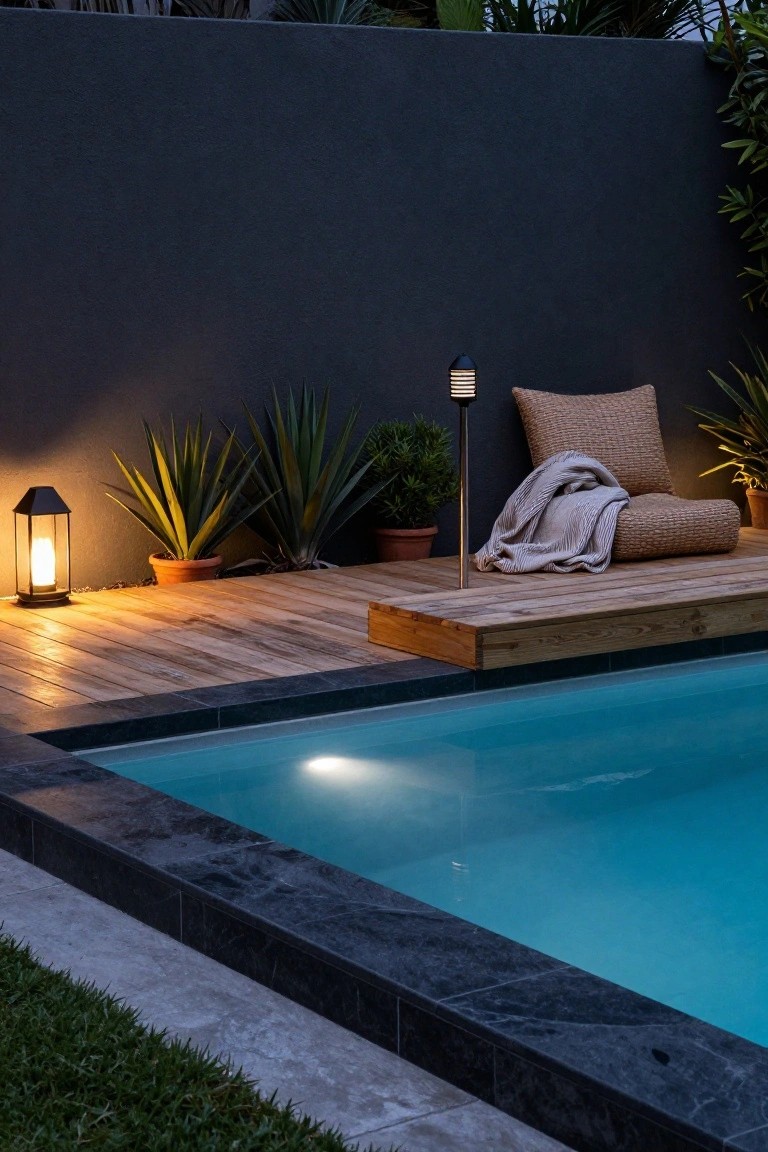 Nighttime view of a raised wooden deck next to a lit infinity-edge pool, with potted agave plants, a beige rattan chair with gray blanket, black metal lantern, black striped post light, and dark textured wall backdrop.