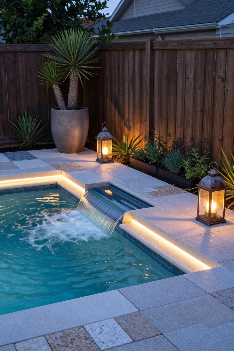Small rectangular pool with LED edge lighting, waterfall feature, and four bronze hanging lanterns on gray stone decking surrounded by potted palms, agaves, succulents, and a wooden fence at dusk.