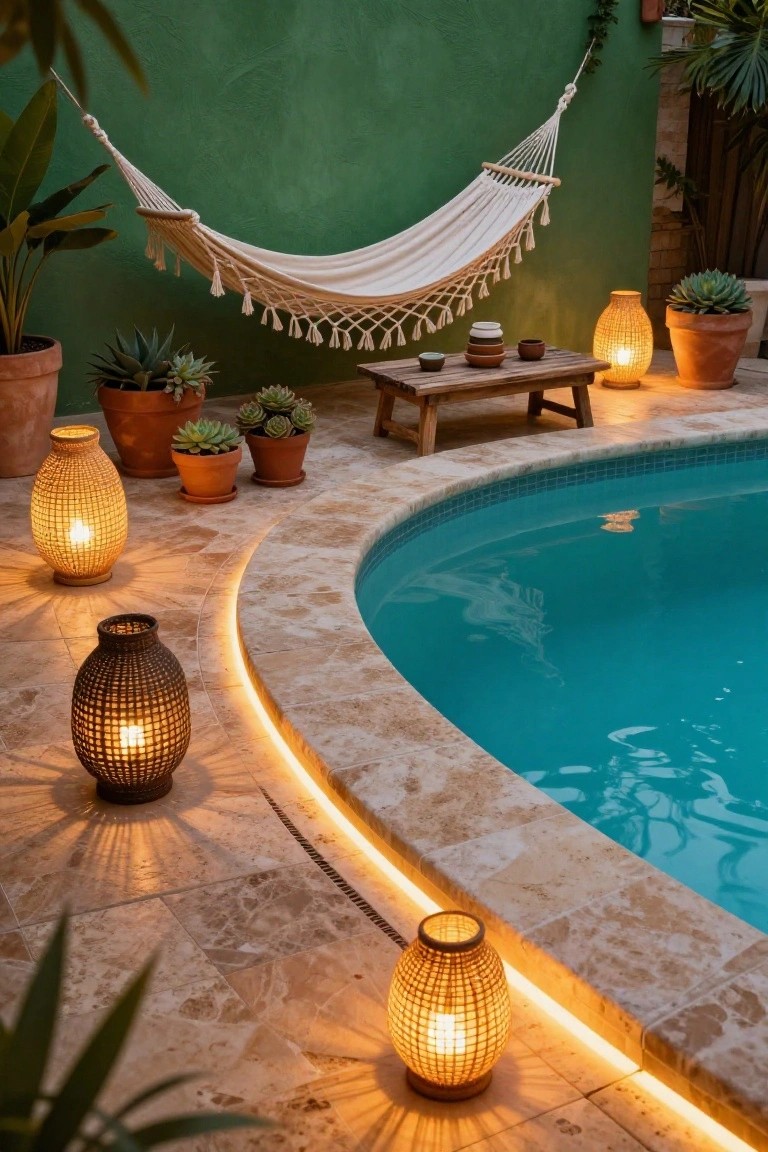 Curved infinity-edge pool with LED strip lighting along the travertine coping, surrounded by glowing woven lanterns on the patio, potted succulents and plants, low wooden bench with ceramic dishes, and white hammock against green wall.