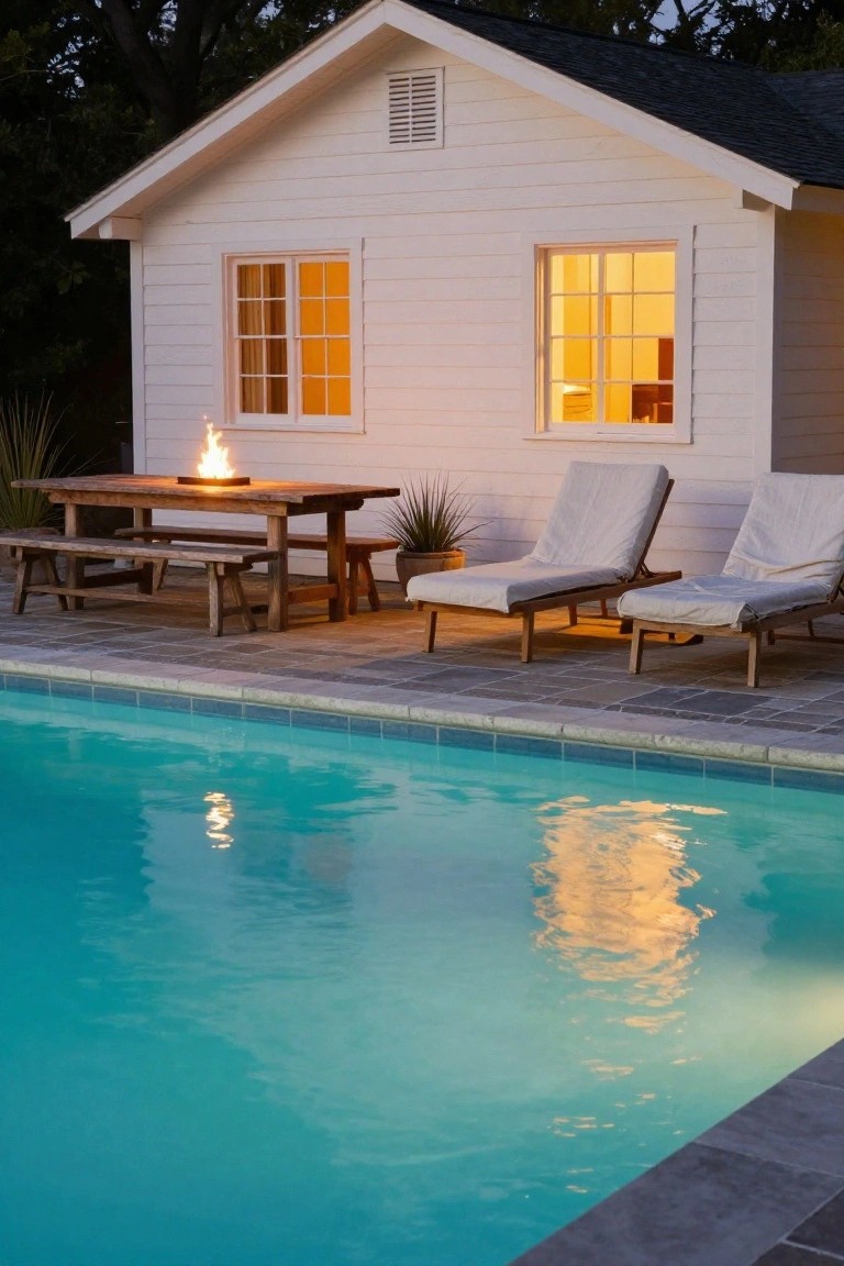 Stone patio beside a turquoise pool at dusk, featuring a wooden dining table with a central fire bowl, two lounge chairs, potted plants, and a small white building with lit windows.