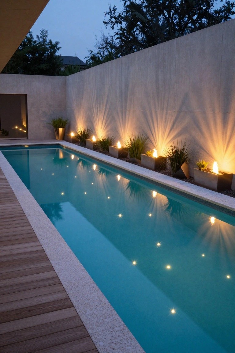 Rectangular swimming pool at dusk with ipe wood decking on one side, tall concrete wall on the other, several concrete planters holding grasses and gas flames along the pool edge, and underwater lights illuminating the turquoise water.