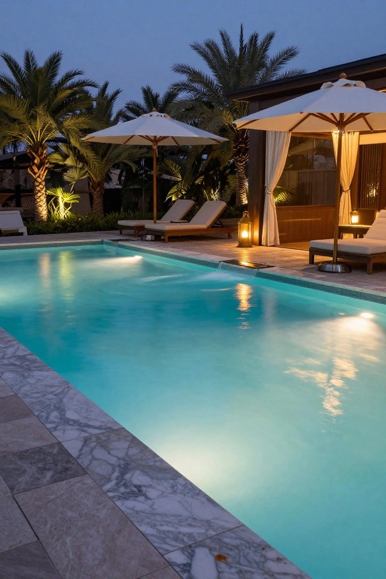 Twilight backyard pool with glowing turquoise water, marble-edged deck, teak lounge chairs under umbrellas, palm trees, and lanterns lighting a draped cabana.