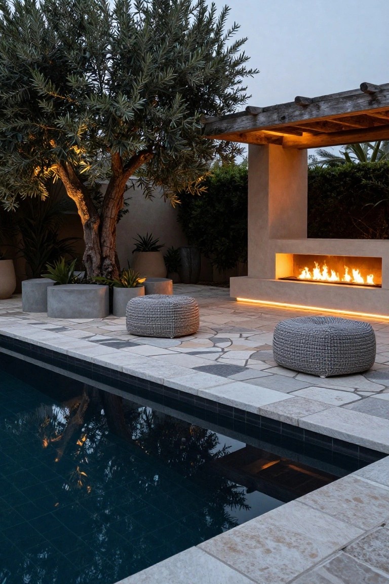 Poolside linear gas fire pit with orange flames, LED strip lighting glowing along the beige stone ledge and tiled deck, two gray woven poufs for seating, concrete planters with plants, olive tree, pergola, and dark blue pool water at dusk.