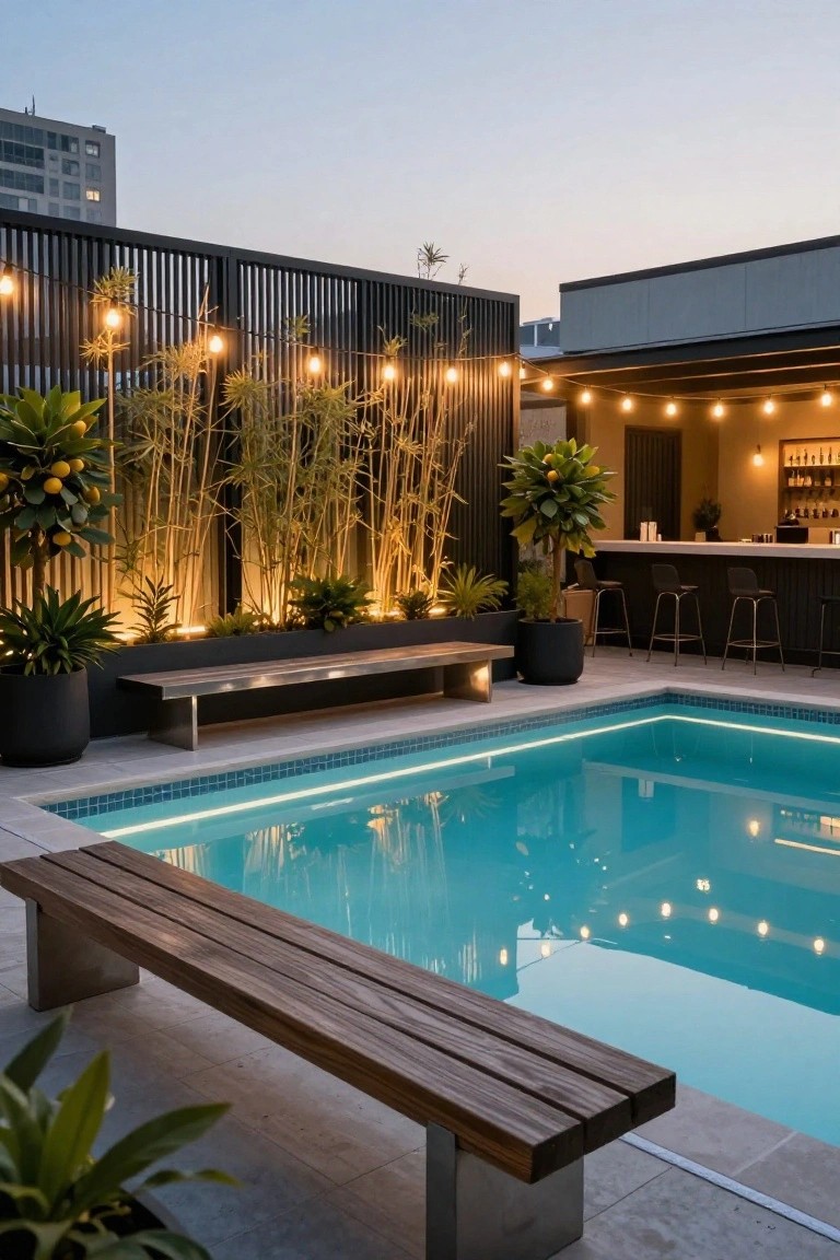Rooftop pool at dusk with glowing turquoise water, wooden bench nearby, black metal bench, potted plants and bamboo screens strung with warm fairy lights, bar stools at a counter, and string lights overhead.