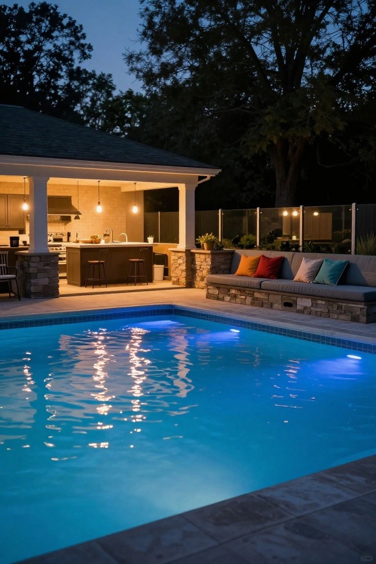 Nighttime photo of a rectangular pool with blue underwater lights glowing in the water, adjacent to an outdoor kitchen pavilion with bar stools, stone bench seating with cushions, and surrounding trees and fence.