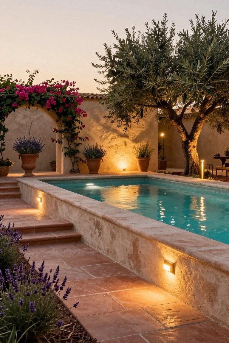 Turquoise pool at dusk with warm wall-mounted lights along beige stucco walls and terracotta steps, surrounded by olive trees, lavender plants, bougainvillea-covered archway, and potted greenery.