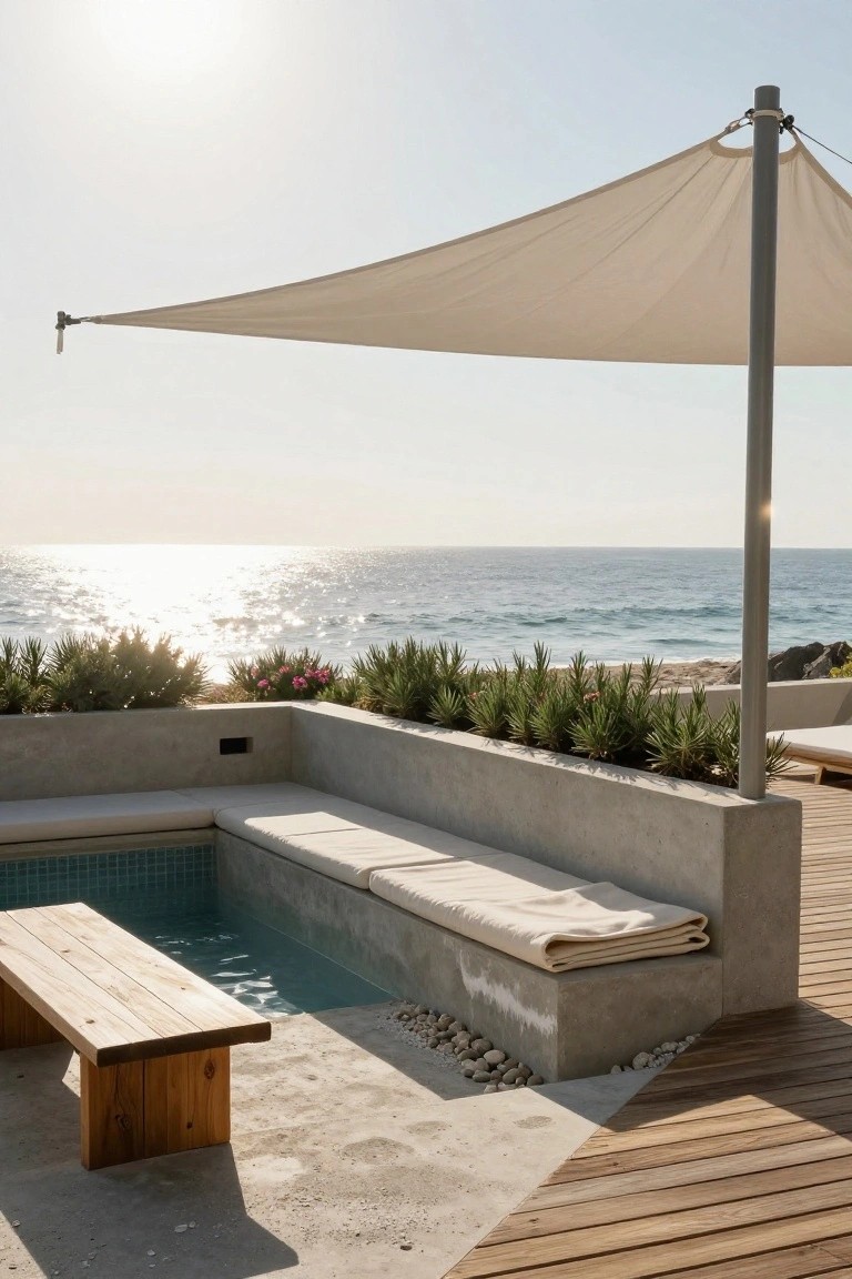 20 Durable Concrete Pool Landscaping Ideas That Feel Solid and Stylish Small turquoise-tiled plunge pool with concrete surround and bench seating topped with beige cushions, raised concrete planters filled with green succulents and shrubs, wooden bench nearby, white triangular shade sail overhead, and ocean view in the background.
