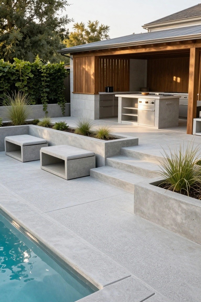 20 Durable Concrete Pool Landscaping Ideas That Feel Solid and Stylish Gray concrete pool deck with built-in low concrete benches topped with white cushions, steps leading to a wooden outdoor kitchen, concrete planters filled with grasses, and a swimming pool edge.