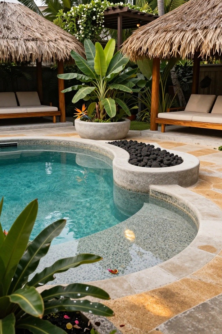 20 Durable Concrete Pool Landscaping Ideas That Feel Solid and Stylish Curved turquoise pool with concrete edge featuring a black pebble-filled trough, surrounded by tropical plants, wooden daybeds under thatched roofs, and beige stone paving.