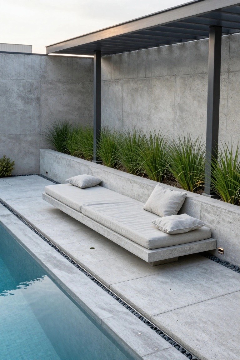 20 Durable Concrete Pool Landscaping Ideas That Feel Solid and Stylish Long low concrete bench with white cushions positioned directly beside a narrow pool edge, with tall grasses in a concrete planter wall and gray concrete hardscaping throughout the outdoor area.