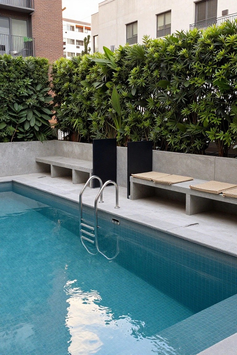 20 Durable Concrete Pool Landscaping Ideas That Feel Solid and Stylish Rectangular pool with turquoise mosaic tiles and stainless steel ladder, flanked by gray concrete benches with beige cushions on top, tall green hedges along the edges, and apartment buildings in the background.