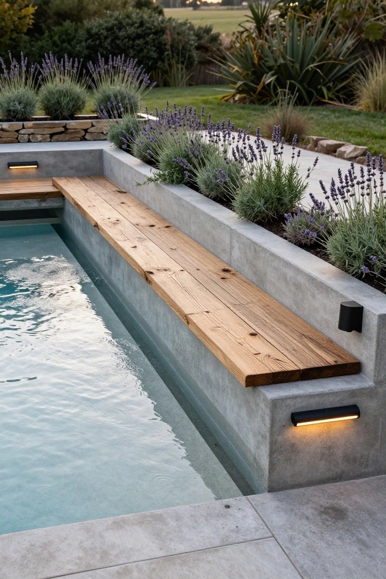 20 Durable Concrete Pool Landscaping Ideas That Feel Solid and Stylish Concrete Pool Benches with Wood Tops