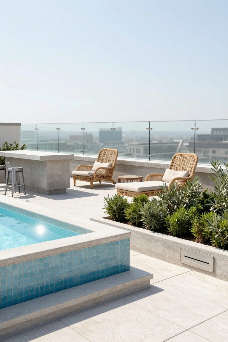 20 Durable Concrete Pool Landscaping Ideas That Feel Solid and Stylish Rooftop pool area with turquoise tiled pool edged in concrete, adjacent concrete bar counter with two metal stools, two rattan lounge chairs with cushions and ottoman, low green plants in concrete beds, glass railing, and distant city view.