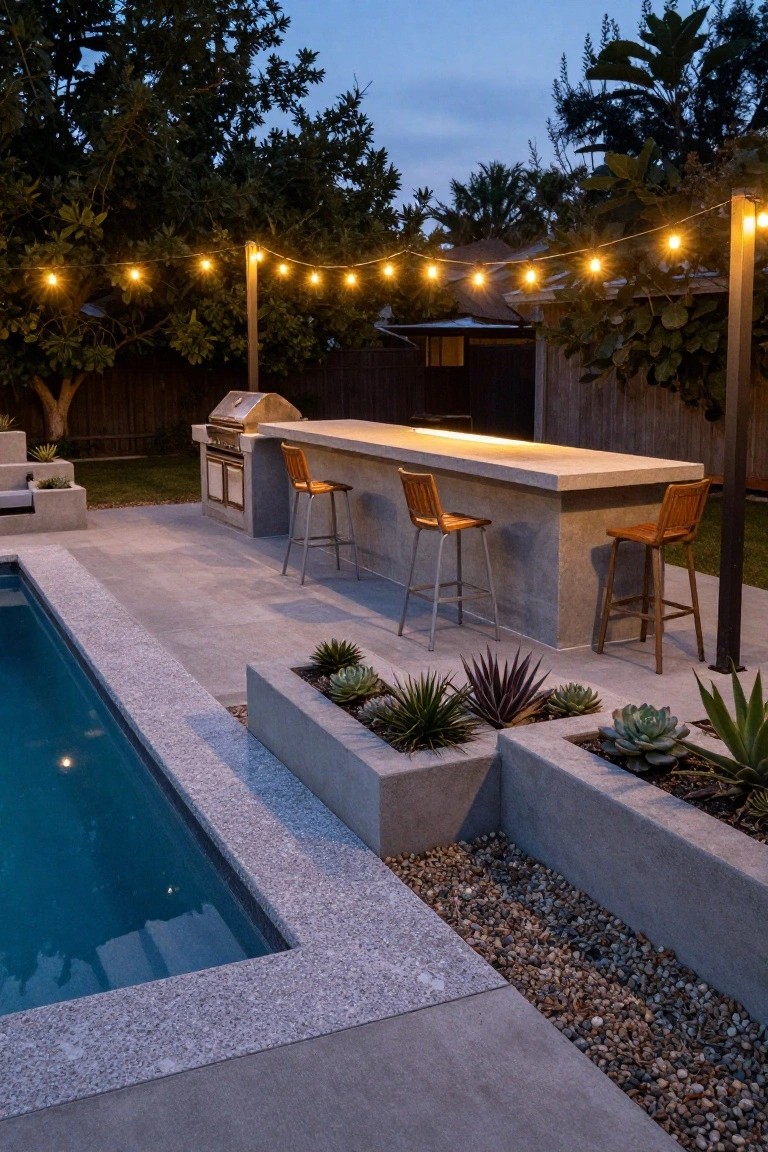 20 Durable Concrete Pool Landscaping Ideas That Feel Solid and Stylish Backyard pool at dusk with adjacent concrete bar counter featuring built-in grill, two wooden bar stools, concrete planters filled with succulents and agave, string lights overhead, paver patio, gravel strip, and trees and fence in background.