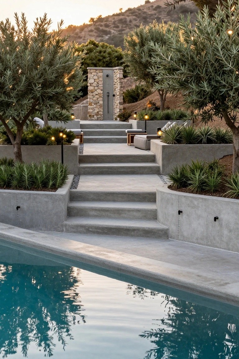 20 Durable Concrete Pool Landscaping Ideas That Feel Solid and Stylish Gray concrete steps with curved retaining walls and built-in planters containing grasses ascend from a turquoise pool to an upper lounge area with seating, lanterns, and olive trees on a hillside at sunset.