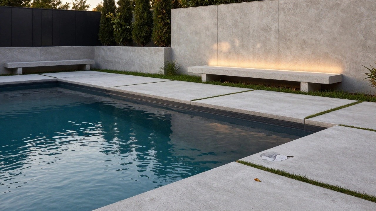 Rectangular pool with dark water surrounded by light gray concrete decking featuring integrated L-shaped benches with underlighting, linear grass strips, gravel patches, and tall conifer trees against a black fence.