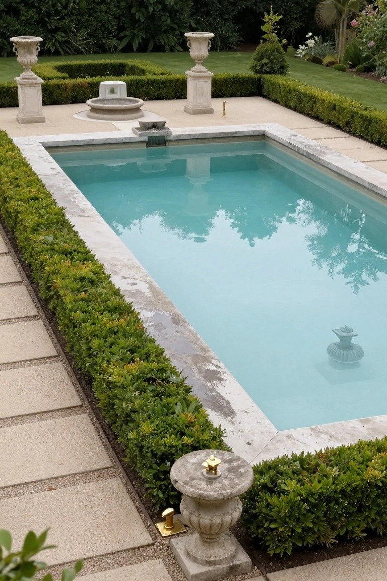 20 Durable Concrete Pool Landscaping Ideas That Feel Solid and Stylish Rectangular turquoise pool with light stone coping edged by low green boxwood hedges, stone paths, pedestals with urns, and surrounding garden beds.
