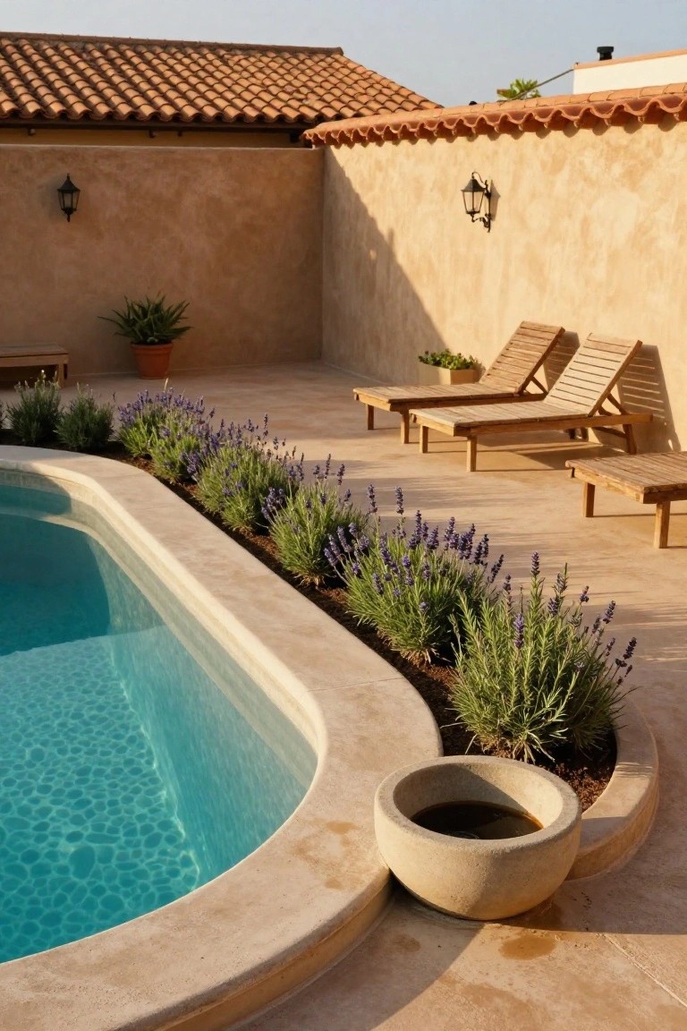 20 Durable Concrete Pool Landscaping Ideas That Feel Solid and Stylish Curved white concrete pool edge with built-in soil beds planted with lavender bushes, wooden lounge chairs on a beige tiled patio, potted plants, and beige stucco walls with lanterns.