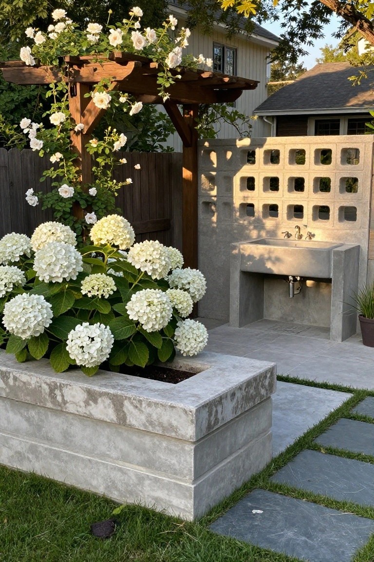 20 Durable Concrete Pool Landscaping Ideas That Feel Solid and Stylish Backyard scene featuring a concrete sink on a block base against a tall concrete block wall with rectangular openings, flanked by white hydrangeas in a raised concrete planter, a wooden pergola covered in white roses, and slate tile pavers on grass.