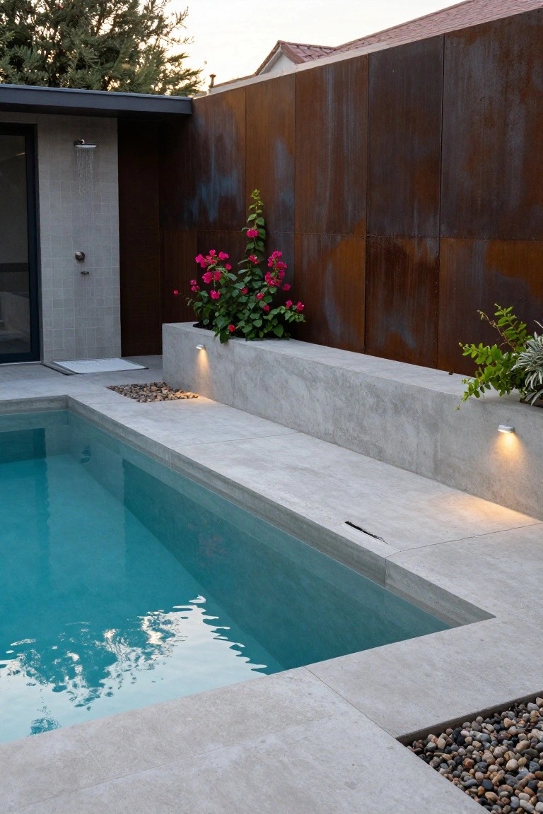 20 Durable Concrete Pool Landscaping Ideas That Feel Solid and Stylish Turquoise pool with light gray concrete surround, built-in bench planter holding pink flowers and green plants, rusted metal fence backdrop, outdoor shower enclosure, pebble drains, and low wall lights.