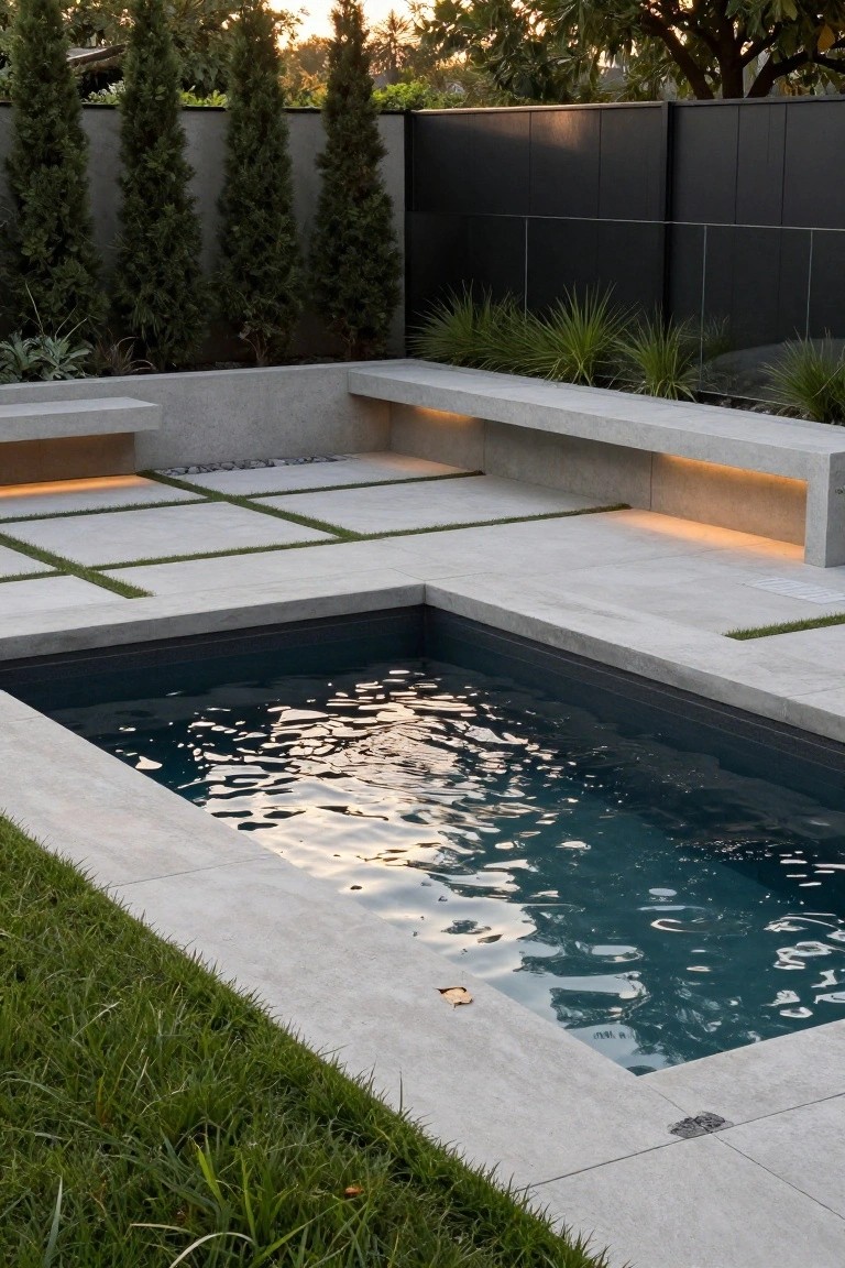 20 Durable Concrete Pool Landscaping Ideas That Feel Solid and Stylish Rectangular pool with dark water surrounded by light gray concrete decking featuring integrated L-shaped benches with underlighting, linear grass strips, gravel patches, and tall conifer trees against a black fence.