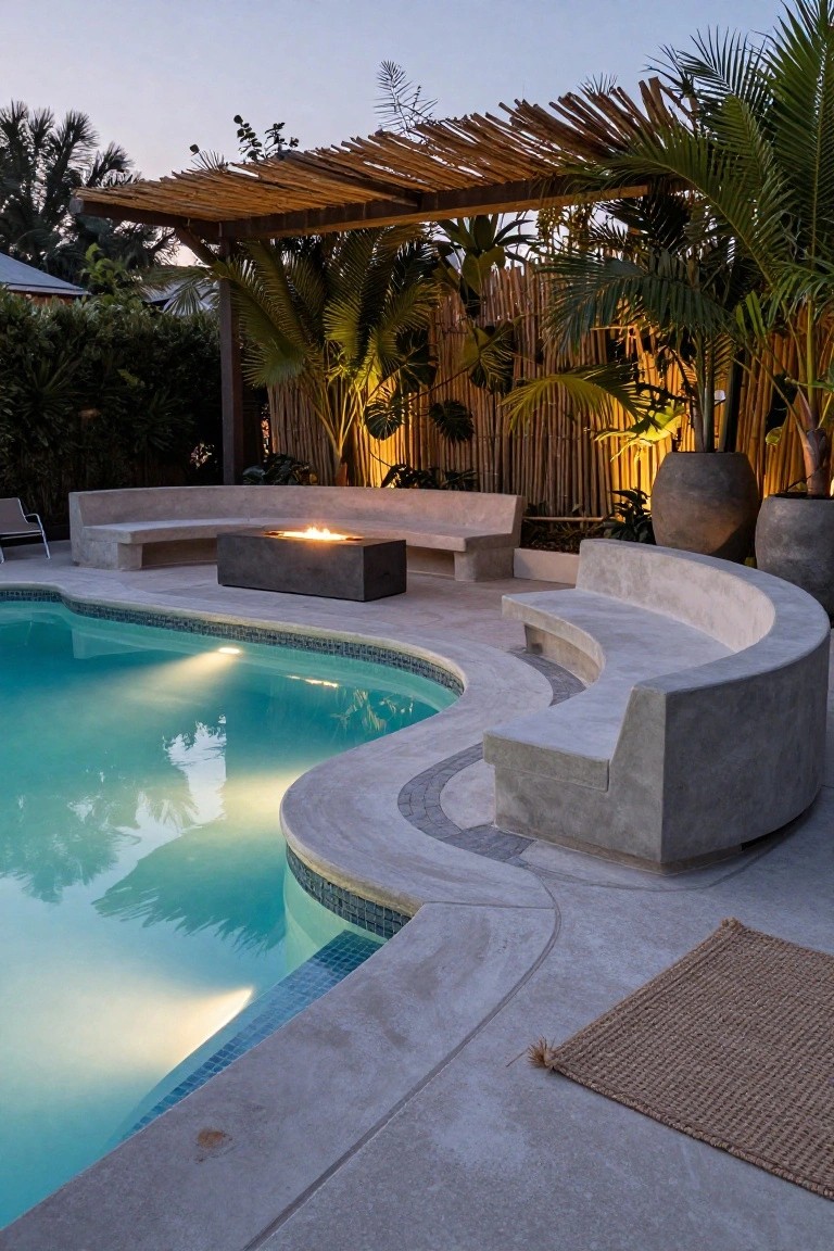 20 Durable Concrete Pool Landscaping Ideas That Feel Solid and Stylish Curved gray concrete benches surround a rectangular gas fire pit next to a lit curved swimming pool edged in tile, with palm plants, large pots, and bamboo fencing nearby at dusk.