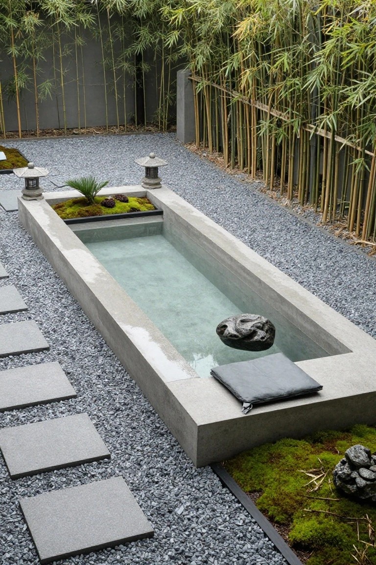 20 Durable Concrete Pool Landscaping Ideas That Feel Solid and Stylish Long narrow rectangular concrete pool with clear water and a floating dark stone, set in gray gravel ground surrounded by bamboo fencing, stone lanterns, moss gardens, and gray stepping stone path.