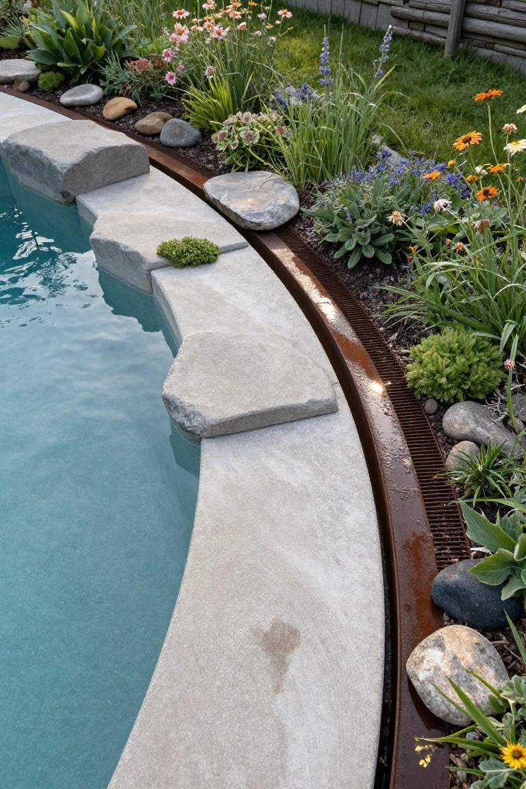 20 Durable Concrete Pool Landscaping Ideas That Feel Solid and Stylish Curved concrete pool coping with irregular gray stone slabs, rusted metal drainage channel along the edge, gravel mulch, various rocks, and drought-tolerant plants including agaves, grasses, and flowers.