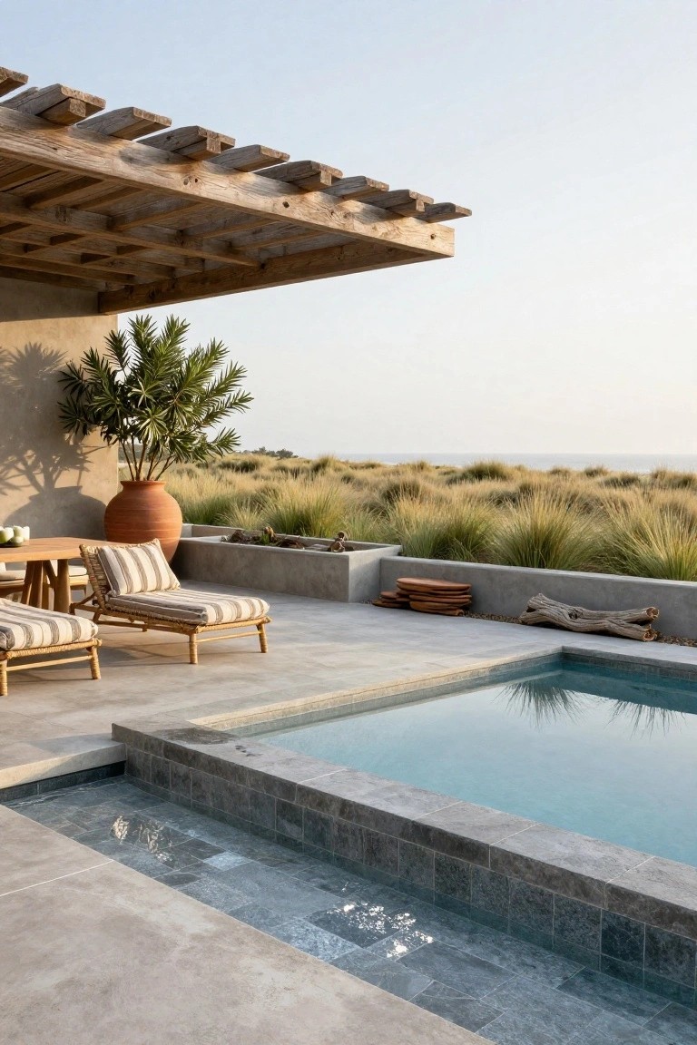 20 Durable Concrete Pool Landscaping Ideas That Feel Solid and Stylish Outdoor terrace with rectangular pool edged in dark slate tiles flush into light gray concrete deck, two rattan loungers with striped cushions near a wooden table, large terracotta pot with palm tree, stacked wooden boards and driftwood against a concrete planter wall, overlooking golden dune grasses and ocean under wooden slat pergola.