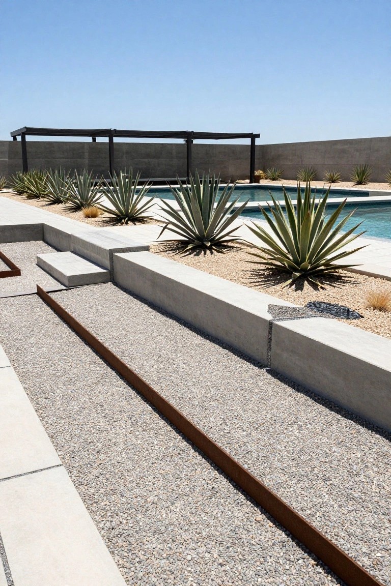 20 Durable Concrete Pool Landscaping Ideas That Feel Solid and Stylish Poolside gravel area with parallel rusted steel bars forming boundaries, surrounded by concrete walls, agave plants, and turquoise pool water.