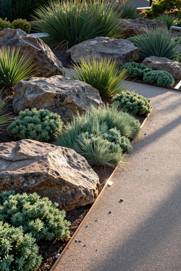 Landscape border with large irregular boulders, clumps of blue-green grasses, spiky yuccas, and compact shrubs along a concrete path with metal edging.