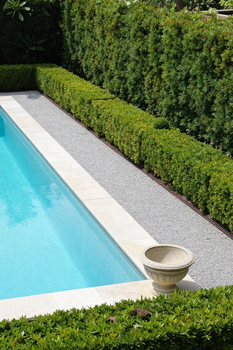 Swimming pool with white stone coping, bordered by dense trimmed green boxwood hedges, a gravel path strip, and a stone urn planter on the gravel.