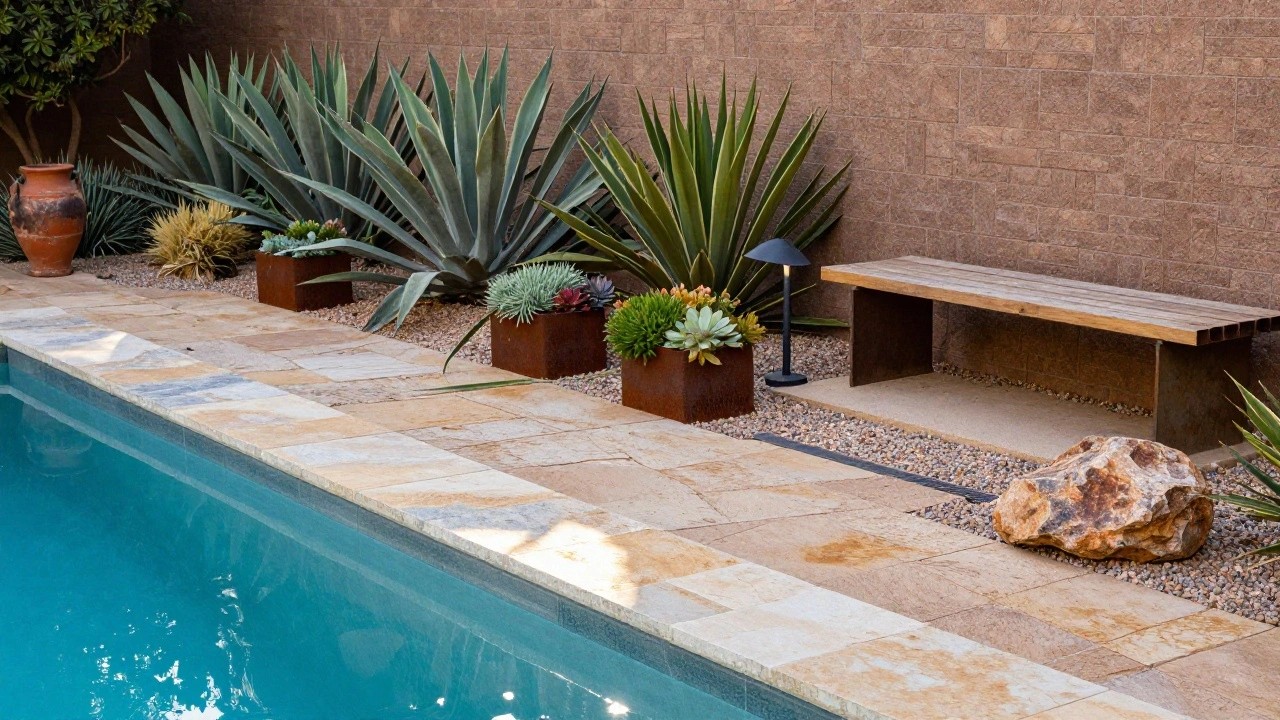 Narrow rectangular plunge pool with turquoise water and gray-blue tiled edges, surrounded by white pebble gravel, clusters of blue-green agave plants, a corten steel bench planter, stone wall backdrop, and large terracotta pot on gravel ground.