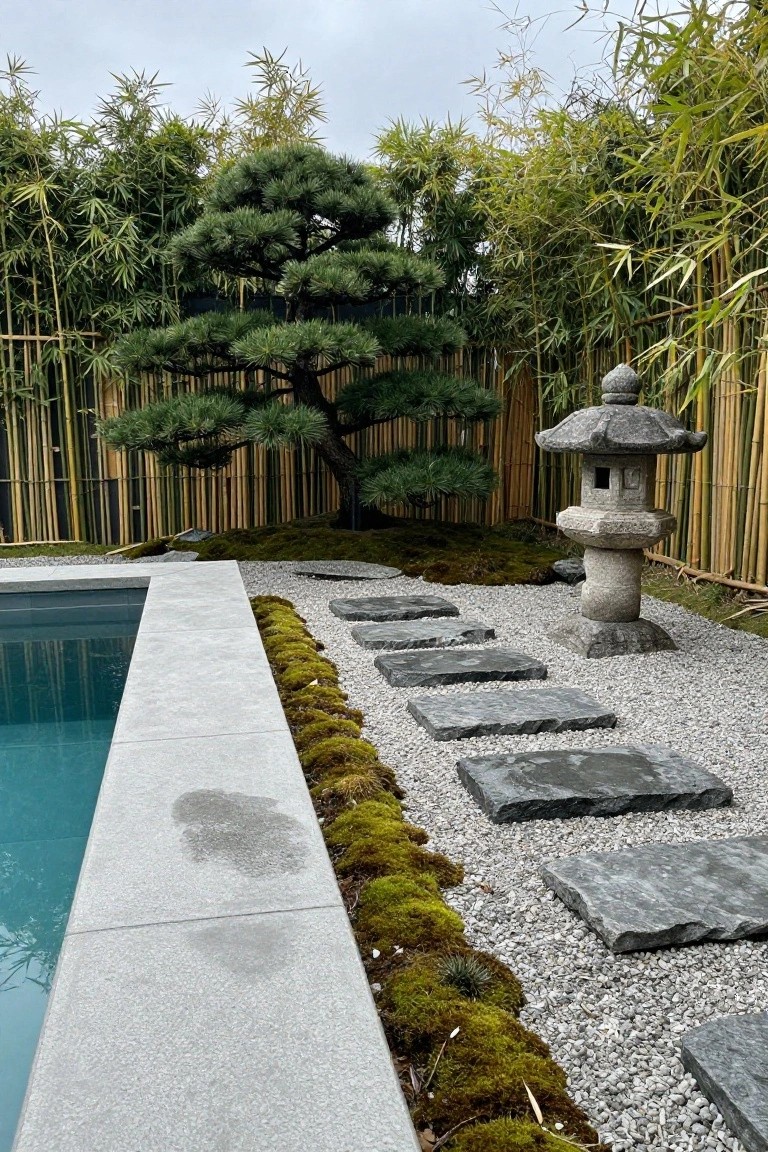 Swimming pool edge bordered by moss and gravel ground cover with irregular dark stepping stones leading to a stone lantern, backed by bamboo fencing and pine trees.