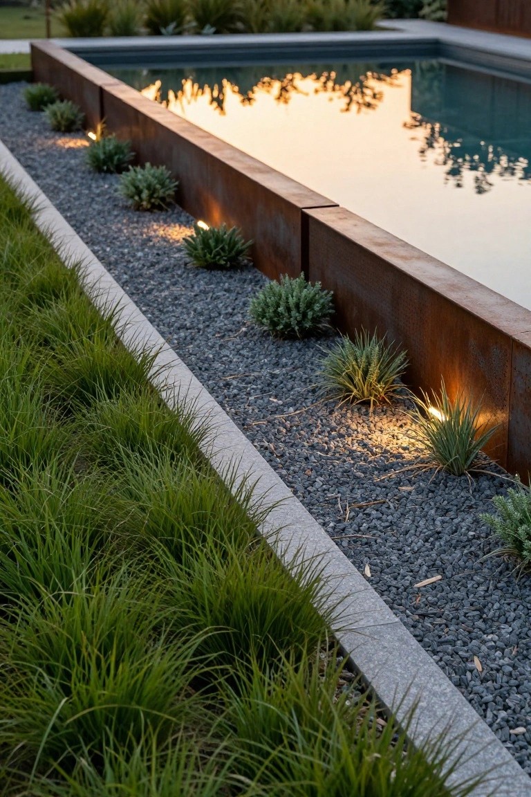 Close view of a pool edge with corten steel raised walls, dark gravel bed planted with ornamental grasses and shrubs, low uplights, and water reflections at dusk.