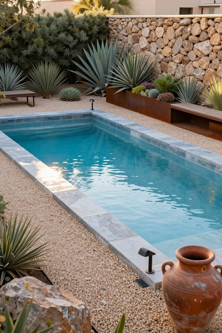 Narrow rectangular plunge pool with turquoise water and gray-blue tiled edges, surrounded by white pebble gravel, clusters of blue-green agave plants, a corten steel bench planter, stone wall backdrop, and large terracotta pot on gravel ground.