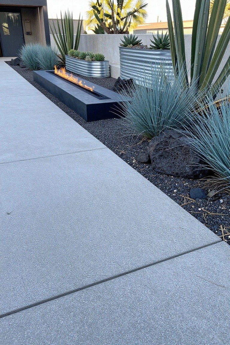 Long linear gas fire pit with yellow flames along a concrete path in a landscaped yard featuring blue agave plants, succulents in galvanized metal troughs, black lava rocks, and a modern house wall.
