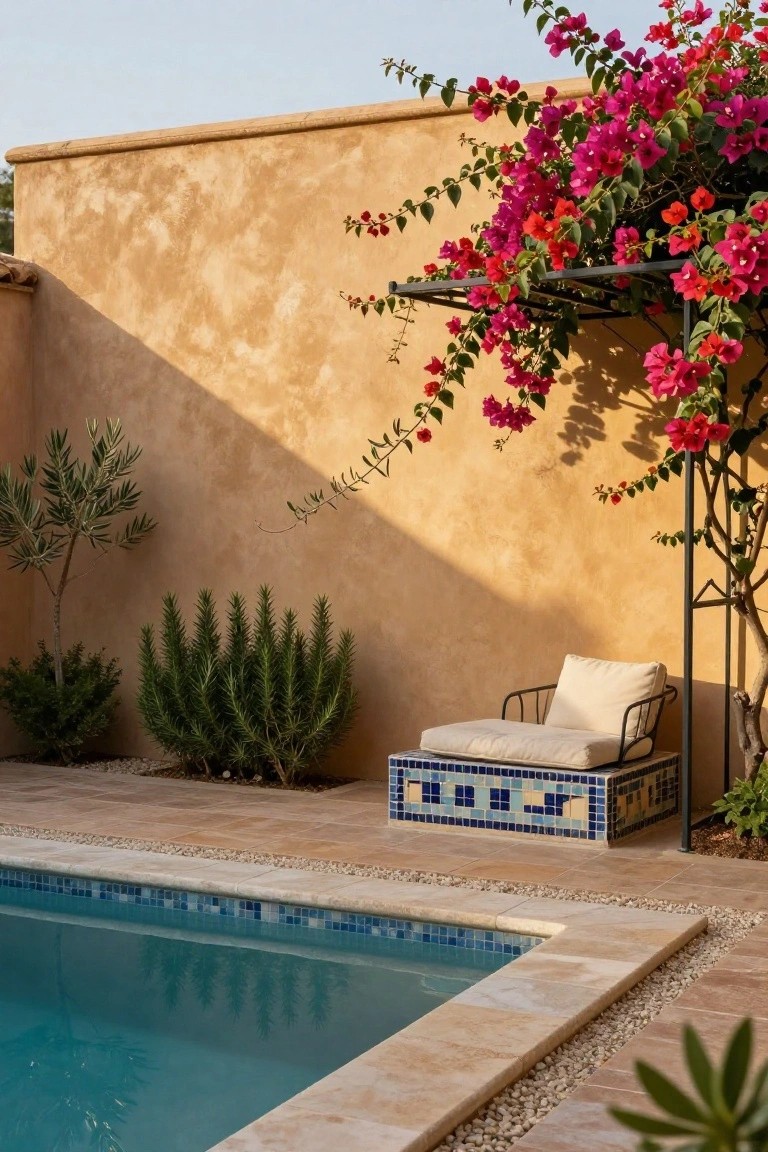 Beige stucco wall with pink bougainvillea vines on black metal trellis overhanging a blue-tiled pool, elevated white lounge chair on blue mosaic platform, olive tree, rosemary shrubs, and pebble mulch nearby.