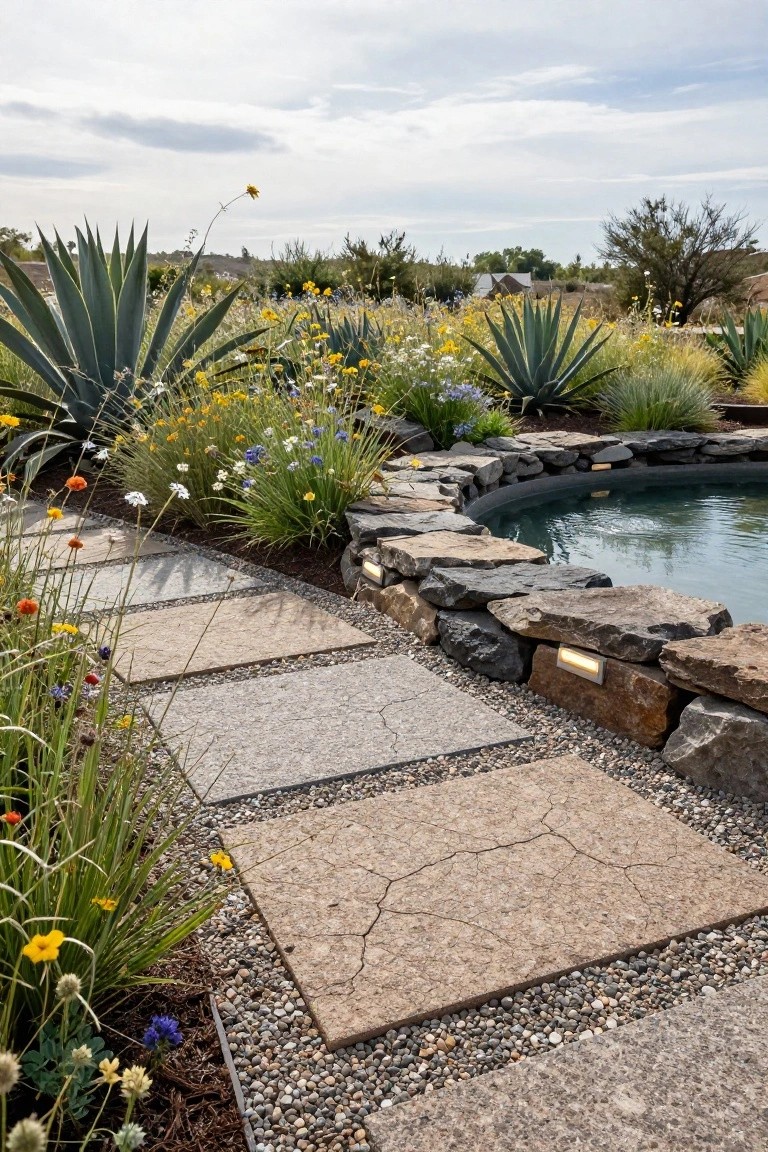 Curved pool with dark stone wall edged by gravel path of large rectangular concrete stepping stones, surrounded by agave plants, grasses, wildflowers, and distant desert landscape under partly cloudy sky.