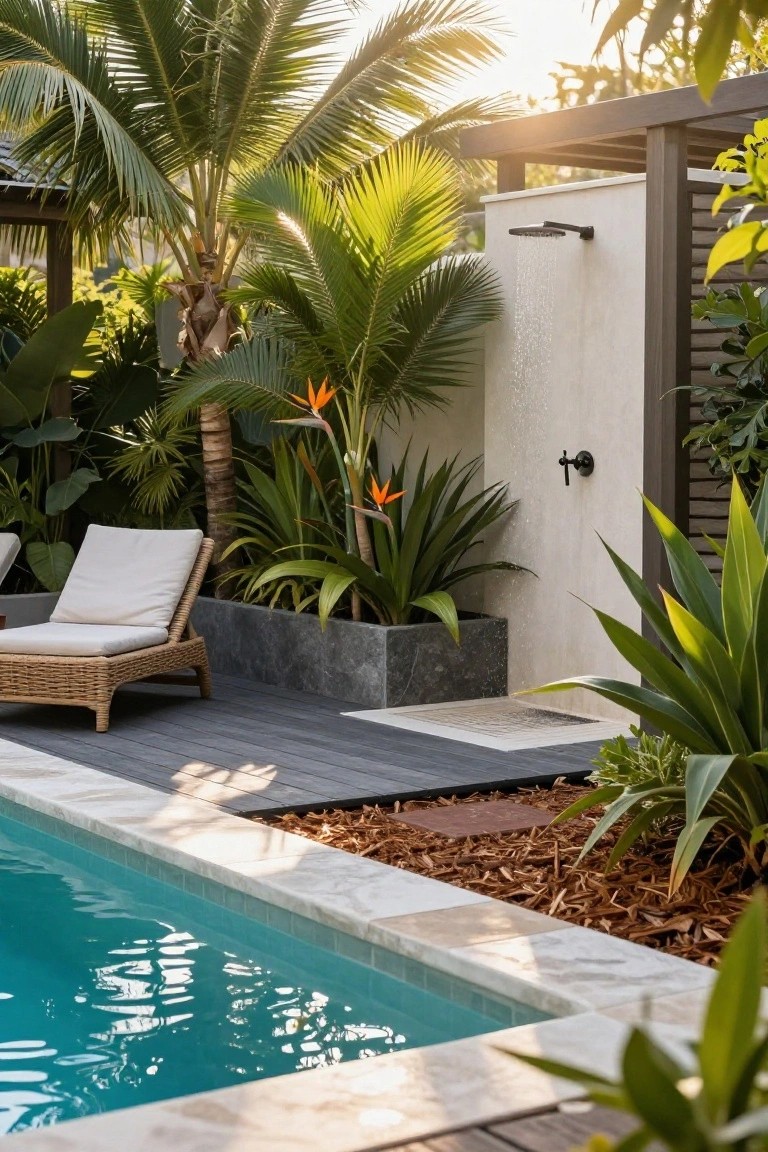 Outdoor pool with turquoise water and marble edging, adjacent dark wood deck with rattan lounge chair, tropical plants including palms, agaves, and bird of paradise in stone planters, outdoor shower on white wall, and gravel mulch beds.