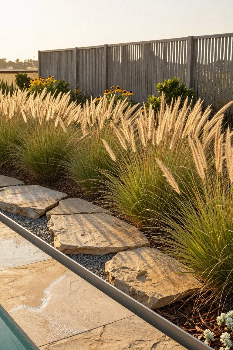 Poolside landscaping with tall golden ornamental grasses in mulched beds, irregular flat stone stepping stones along a gravel trench beside beige pool deck tiles and metal edging, wooden slat fence and plants in background.