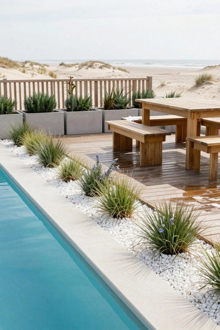 Turquoise pool with white stone coping edged by white pebbles and ornamental grasses, next to a wooden deck holding a teak table and benches, beach dunes visible beyond a fence.