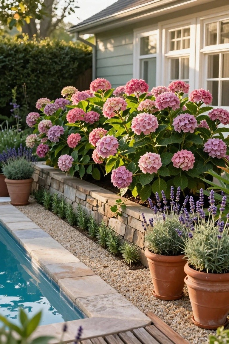 Pool edge with massed pink hydrangea bushes in raised stone beds, lavender plants, potted herbs, gravel ground cover, and a light green house in the background.