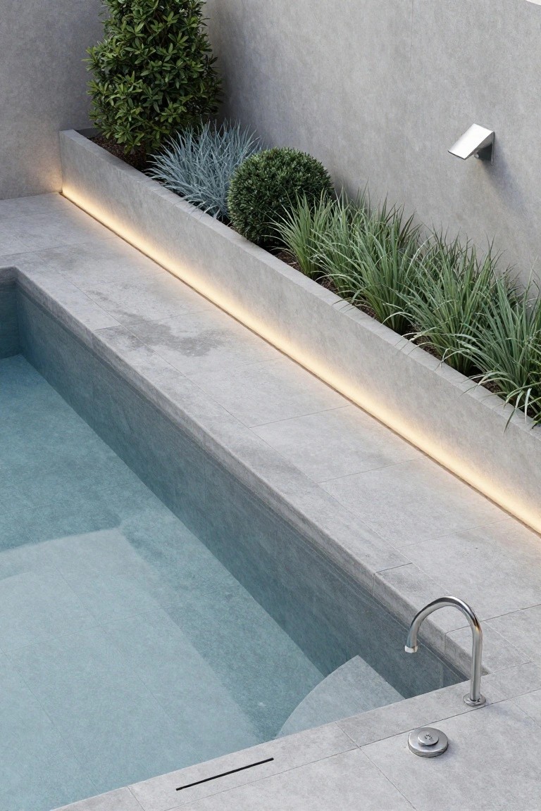 Gray concrete pool edge with recessed LED strip lighting, adjacent raised concrete planter filled with ornamental grasses, clipped green shrubs, and strappy blue-green plants, viewed from inside the pool.