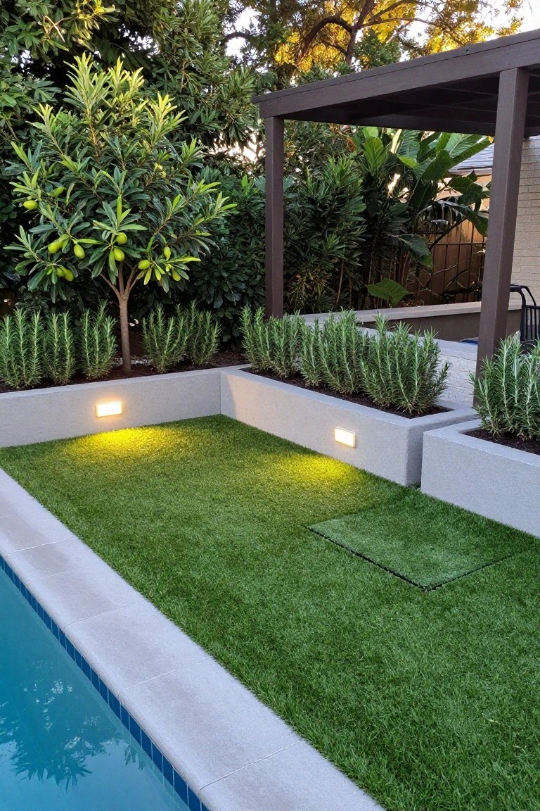 Raised Rosemary Planters Along Pool Edges