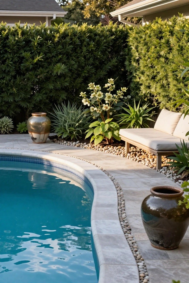 Curved blue-tiled swimming pool edged with white pebbles and travertine coping, flanked by green hedges, agave plants, large terracotta pots, and a cushioned wooden bench on a pebble path.